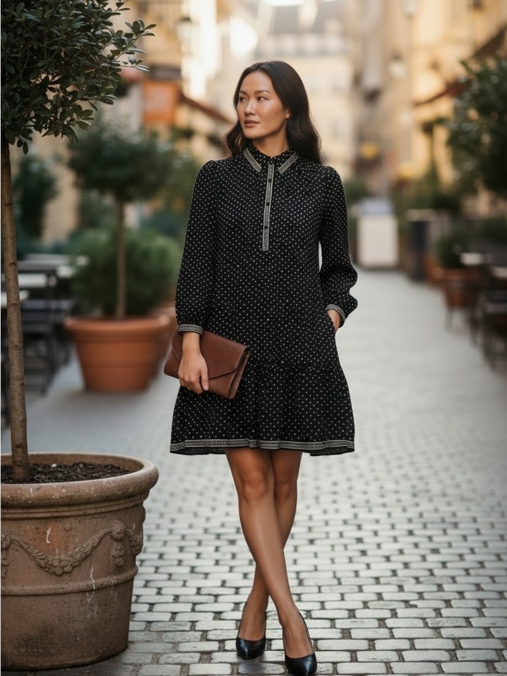 Navy Blue Polka Dot Long-Sleeve Shift Dress